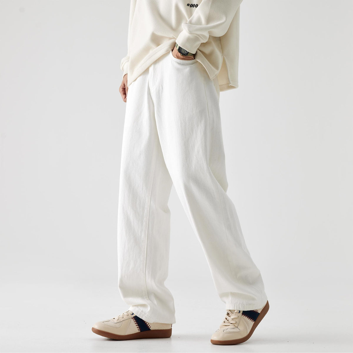 [WHOLESALE ONLY - CONTACT TO ORDER] Men's Korean Clean Fit Heavyweight 100% Cotton Relaxed Straight Wide-Leg Jeans (Off-White / Natural Ivory) [AW-327]