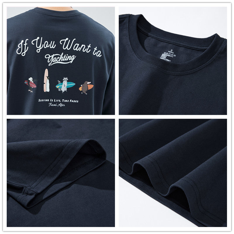 [WHOLESALE ONLY - CONTACT TO ORDER] Men's Heavyweight 100% Combed Cotton Surfing Animal Graphic Crewneck T-Shirt (Deep Navy) [AW-412]