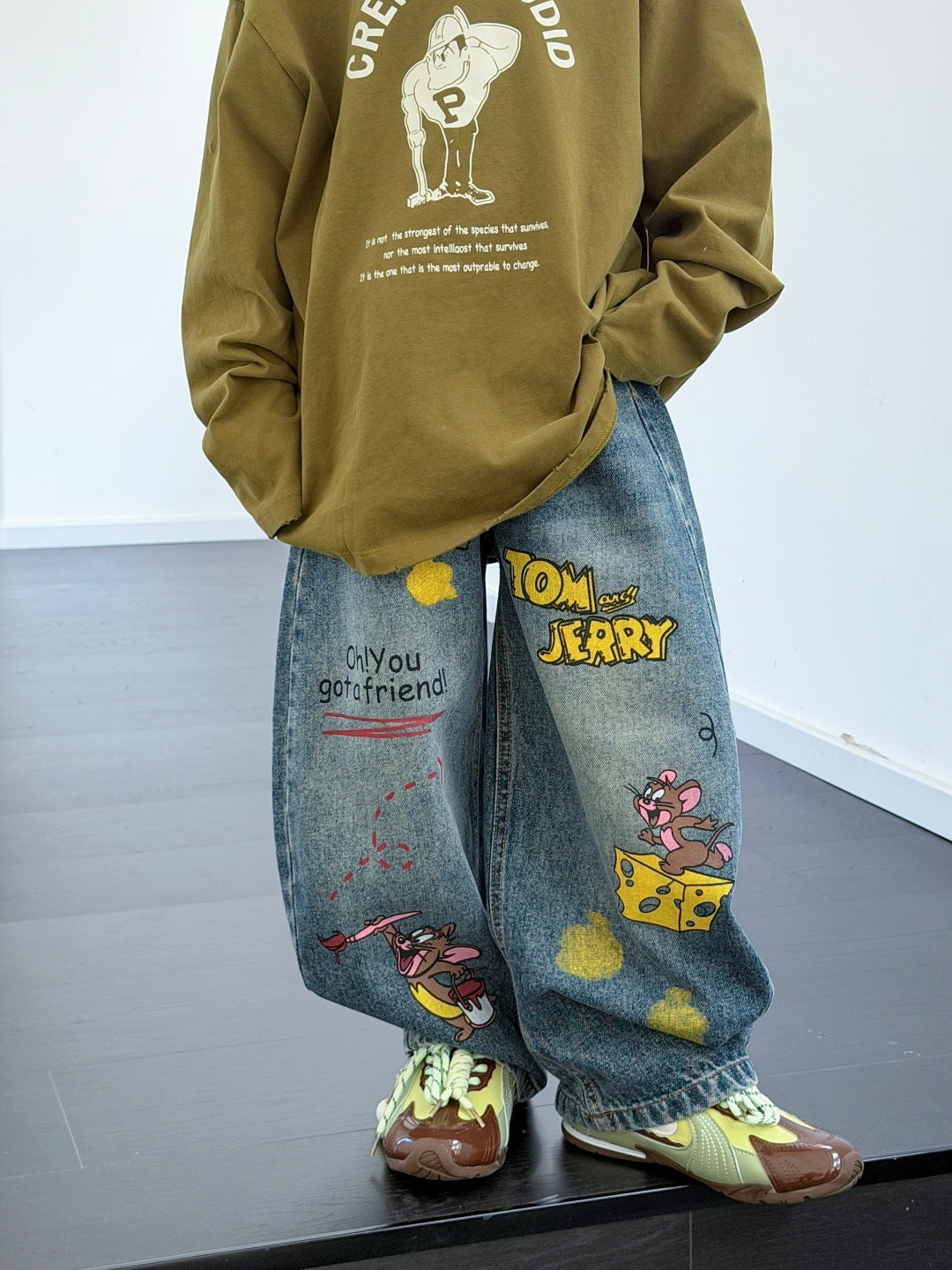 [WHOLESALE ONLY - CONTACT TO ORDER] Kids Unisex Baggy 85% Cotton Heavyweight Cartoon Graffiti Wide-Leg Denim Jeans (Washed Indigo Blue) [KW-224]