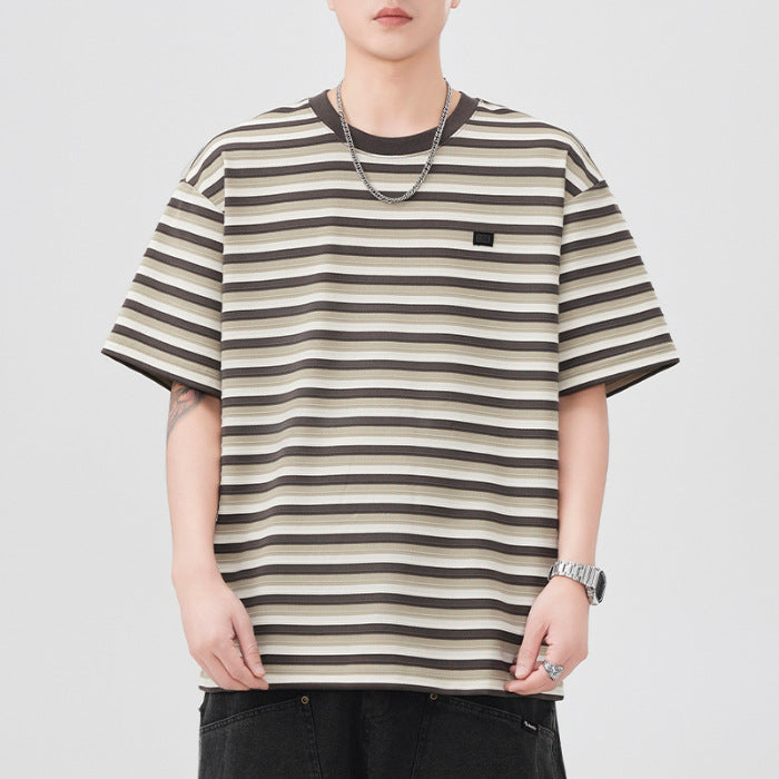 [WHOLESALE ONLY - CONTACT TO ORDER] Unisex Relaxed Fit Heavyweight 100% Combed Cotton Yarn-Dyed Striped Short Sleeve T-Shirt (Earth Brown & Khaki) [AW-287]