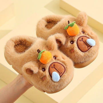 [WHOLESALE ONLY - CONTACT TO ORDER] Unisex 3D Cute Capybara with Orange & Snot Bubble Plush Platform Slippers (Warm Caramel Brown) [FM-137]