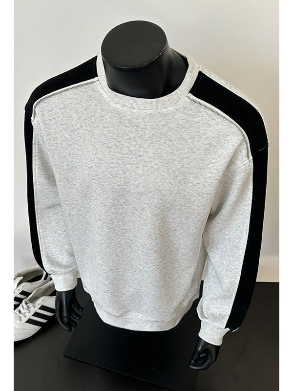 [WHOLESALE ONLY - CONTACT TO ORDER] Men's Heavyweight 75% Cotton Contrast Shoulder Zipper Crewneck Sweatshirt (Heather Grey & Black) [AW-422]