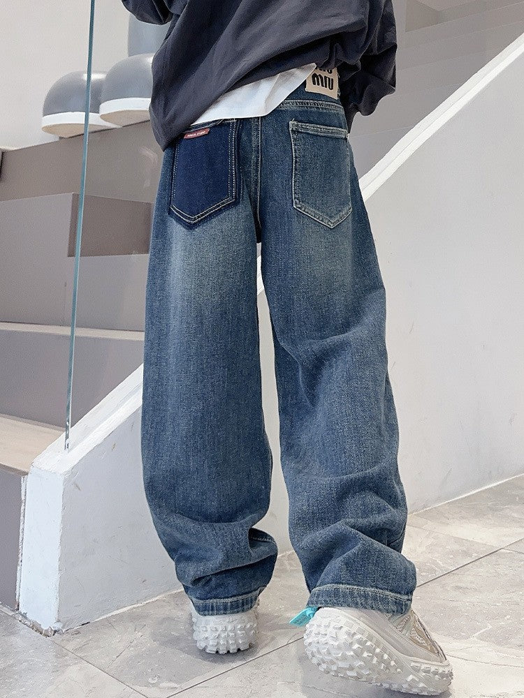 [WHOLESALE ONLY - CONTACT TO ORDER] Boys Heavyweight Cotton Baggy Wide-Leg Washed Denim Jeans with Contrast Back Pocket (Vintage Blue) [KW-258]
