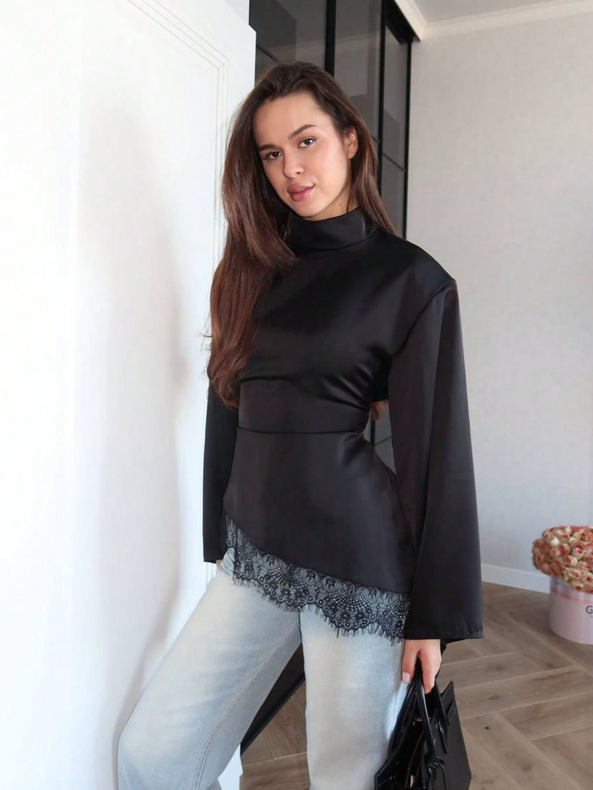 [WHOLESALE ONLY - CONTACT TO ORDER] Women's Cotton Blend Mock Neck Asymmetrical Eyelash Lace Trim Blouse with Flared Bell Sleeves (Noir Black) [AW-471]