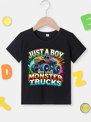 [WHOLESALE ONLY - CONTACT TO ORDER] Toddler Boys 100% Combed Cotton Monster Truck Graphic Short Sleeve T-Shirt (Jet Black) [KW-176]