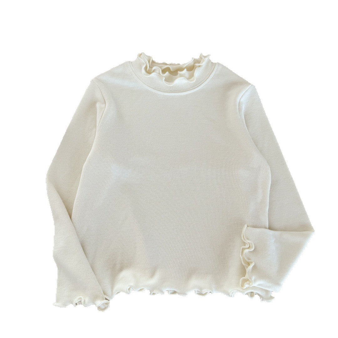 [WHOLESALE ONLY - CONTACT TO ORDER] Toddler & Girls Korean Style High-Stretch Fine Rib-Knit Lettuce Edge Mock Neck Long Sleeve Base Layer Top (Cream White) [KW-190]