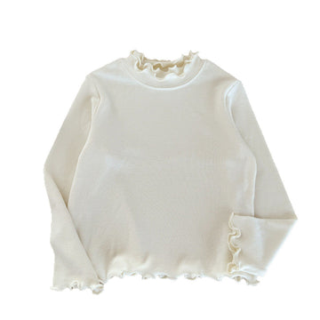 [WHOLESALE ONLY - CONTACT TO ORDER] Toddler & Girls Korean Style High-Stretch Fine Rib-Knit Lettuce Edge Mock Neck Long Sleeve Base Layer Top (Cream White) [KW-190]