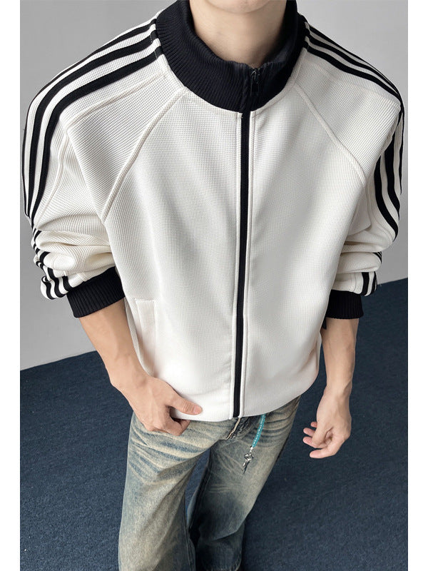 [WHOLESALE ONLY - CONTACT TO ORDER] Unisex Heavyweight 70% Cotton Waffle-Knit Stand Collar Zip Track Jacket with Side Stripes (Off-White / Black) [AW-377]