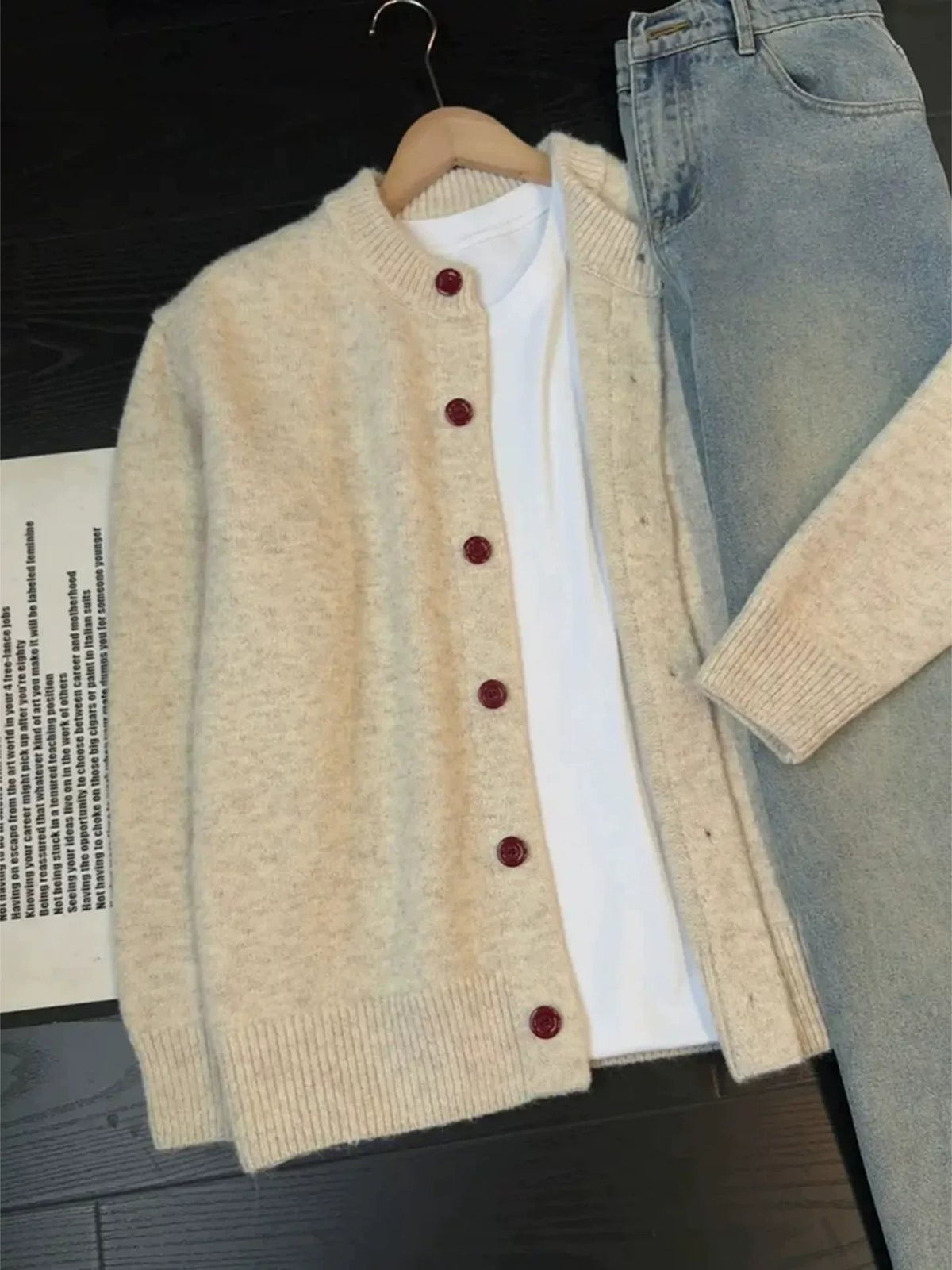 [WHOLESALE ONLY - CONTACT TO ORDER] Unisex Cotton Blend Brushed Knit Crewneck Cardigan Sweater with Contrast Burgundy Buttons (Oatmeal Heather) [AW-489]