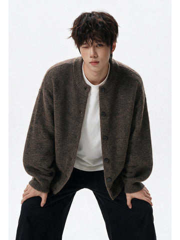 [WHOLESALE ONLY - CONTACT TO ORDER] Men's Korean Clean Fit Brushed Mohair-Touch Collarless Button-Up Cardigan Sweater (Deep Mocha Brown) [AW-333]