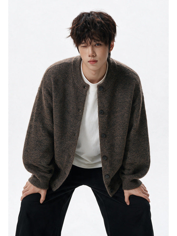 [WHOLESALE ONLY - CONTACT TO ORDER] Men's Korean Clean Fit Brushed Mohair-Touch Collarless Button-Up Cardigan Sweater (Deep Mocha Brown) [AW-333]