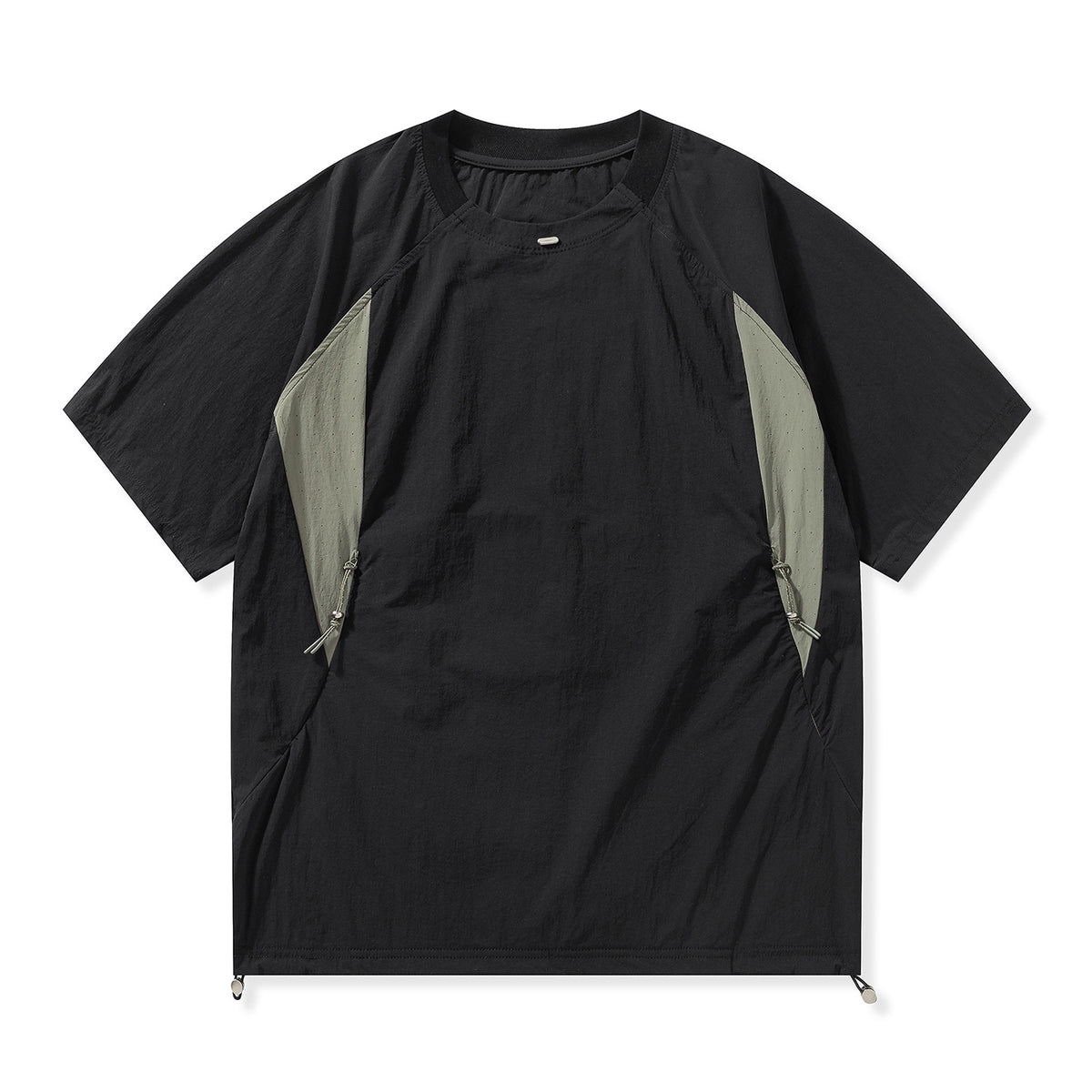 [WHOLESALE ONLY - CONTACT TO ORDER] Unisex Gorpcore Techwear Spliced Drawstring Nylon Short Sleeve T-Shirt (Black / Sage Green) [AW-365]