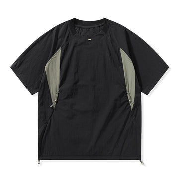 [WHOLESALE ONLY - CONTACT TO ORDER] Unisex Gorpcore Techwear Spliced Drawstring Nylon Short Sleeve T-Shirt (Black / Sage Green) [AW-365]
