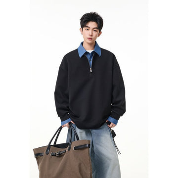 Men’s Half-Zip Sweatshirt with Shirt Layer Detail – Casual Collared Pullover, Relaxed Fit for Fall & Winter[NA-002]