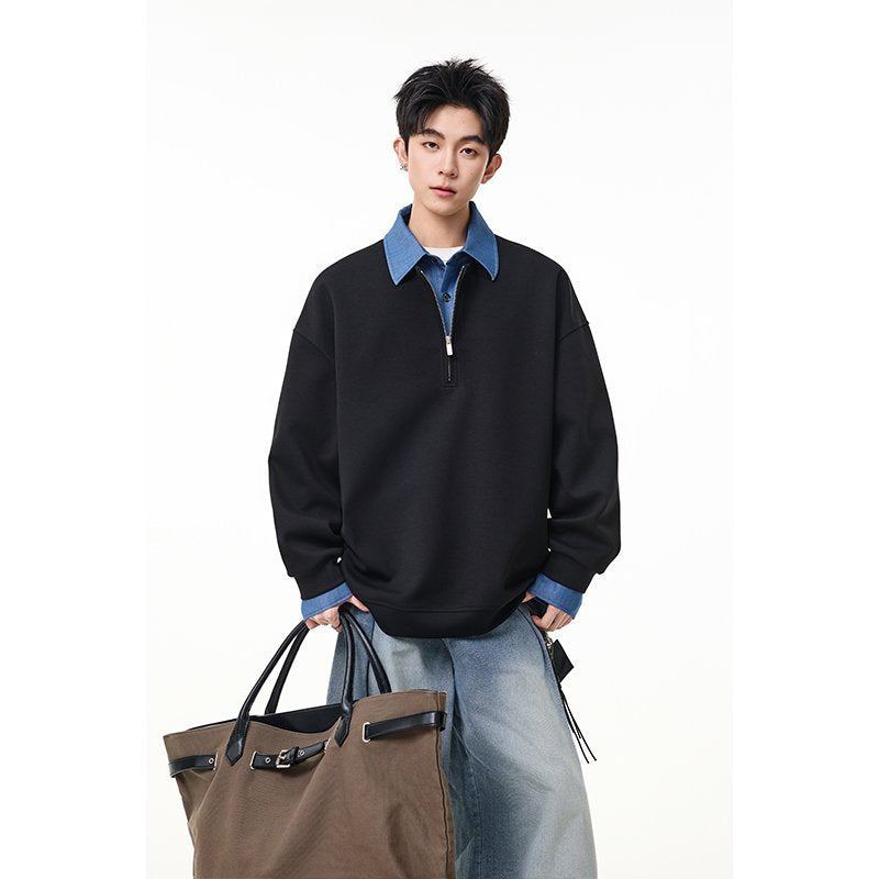 Men’s Half-Zip Sweatshirt with Shirt Layer Detail – Casual Collared Pullover, Relaxed Fit for Fall & Winter[NA-002]