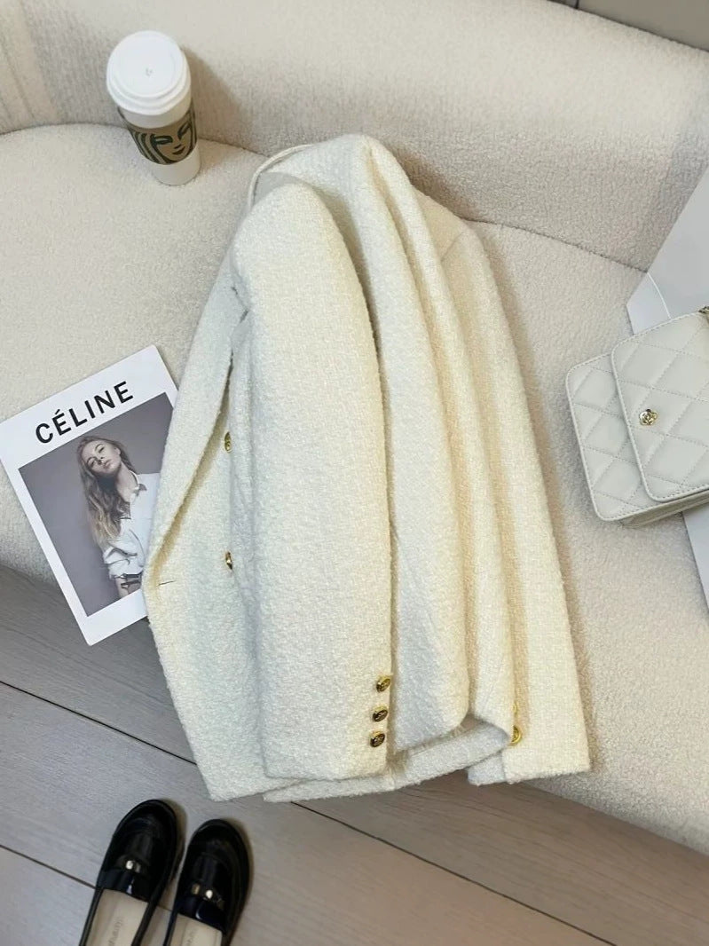 [WHOLESALE ONLY - CONTACT TO ORDER] Women's Elegant Double-Breasted Heavyweight Textured Tweed Blazer Jacket with Gold Buttons (Cream White) [AW-393]