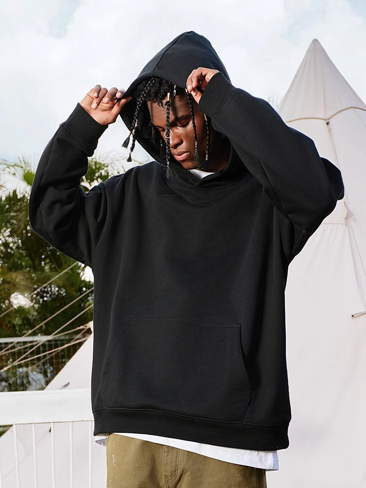 [WHOLESALE ONLY - CONTACT TO ORDER] Unisex Relaxed Fit Heavyweight 450 GSM 100% Combed Cotton Blank Crossover Hooded Pullover Sweatshirt (Jet Black) [AW-304]