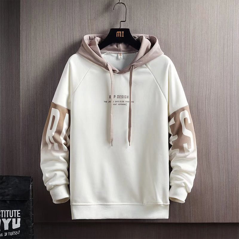 [WHOLESALE ONLY - CONTACT TO ORDER] Unisex Heavyweight Cotton Blend Contrast Hood Sleeve Print Fleece Pullover Hoodie (Ivory & Mocha) [AW-519]