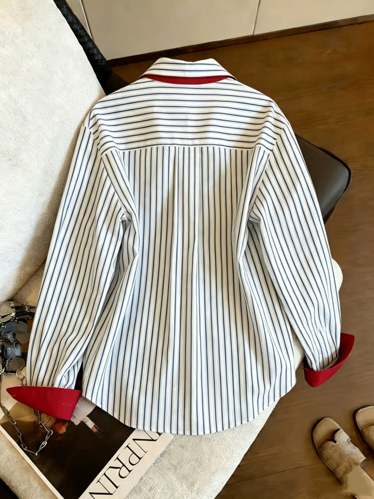 [WHOLESALE ONLY - CONTACT TO ORDER] Women's French Chic Oversized 100% Cotton Striped Poplin Shirt with Contrast Red Collar & Cuffs (Blue & White Stripe) [AW-319]