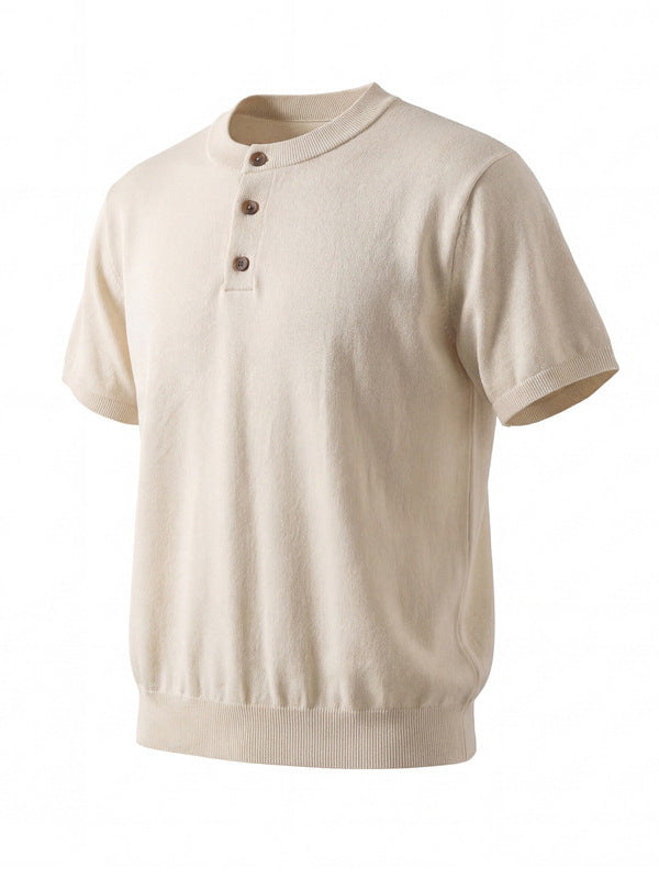 [WHOLESALE ONLY - CONTACT TO ORDER] Unisex Heavyweight 70% Cotton Short Sleeve Ribbed Henley Knit Sweater (Oatmeal Cream) [AW-375]