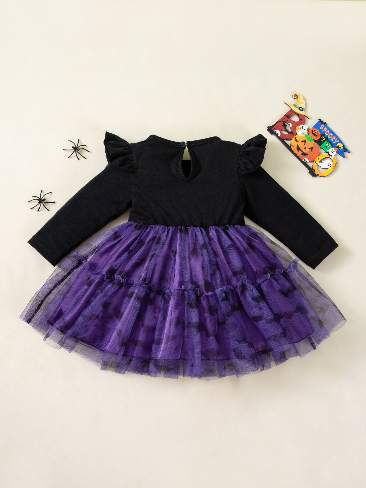 [WHOLESALE ONLY - CONTACT TO ORDER] Toddler Girls Premium 95% Cotton Halloween Bat Print Purple Tiered Tutu Dress (Black / Purple) [KW-214]