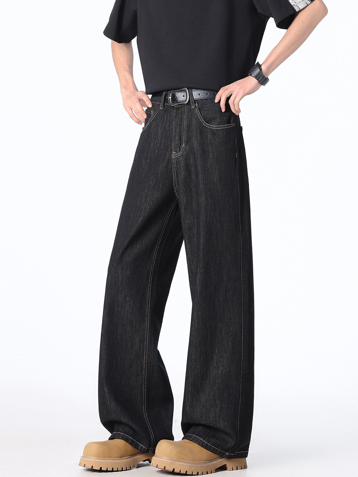 [WHOLESALE ONLY - CONTACT TO ORDER] Men's Heavyweight 100% Cotton Loose Fit Straight Wide-Leg Puddle Jeans (Washed Black) [AW-477]