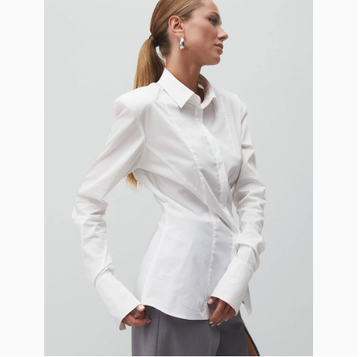 [WHOLESALE ONLY - CONTACT TO ORDER] Women's Power Dressing Padded Shoulder Cinched Waist Poplin Button-Down Shirt with Extended French Cuffs (Crisp Pure White) [AW-260]