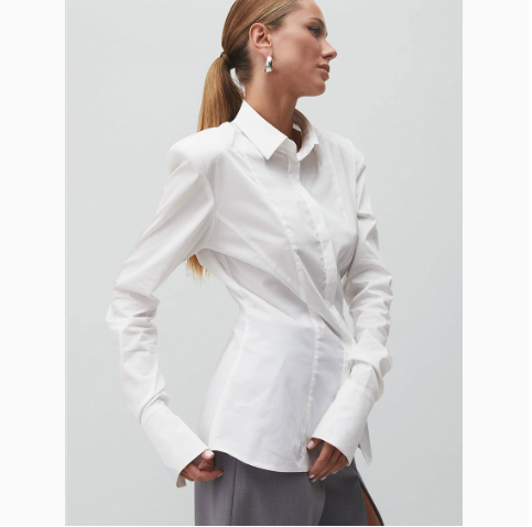 [WHOLESALE ONLY - CONTACT TO ORDER] Women's Power Dressing Padded Shoulder Cinched Waist Poplin Button-Down Shirt with Extended French Cuffs (Crisp Pure White) [AW-260]