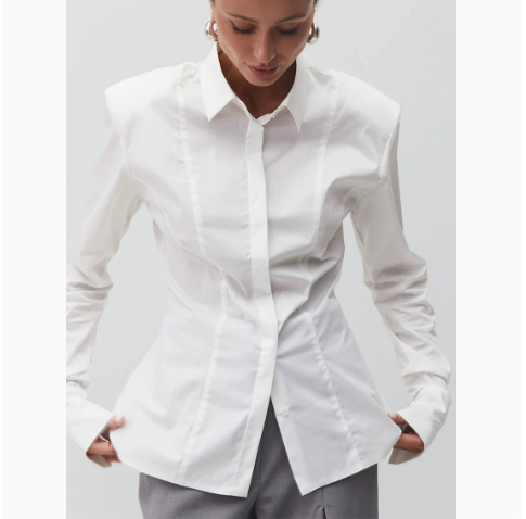 [WHOLESALE ONLY - CONTACT TO ORDER] Women's Power Dressing Padded Shoulder Cinched Waist Poplin Button-Down Shirt with Extended French Cuffs (Crisp Pure White) [AW-260]