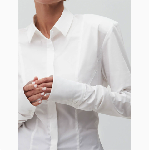 [WHOLESALE ONLY - CONTACT TO ORDER] Women's Power Dressing Padded Shoulder Cinched Waist Poplin Button-Down Shirt with Extended French Cuffs (Crisp Pure White) [AW-260]