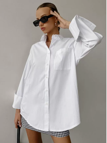 [WHOLESALE ONLY - CONTACT TO ORDER] Women's Oversized Boyfriend Crisp Poplin Button-Down Shirt with Chest Pocket & Wide Turn-Up Cuffs (Pure White) [AW-261]