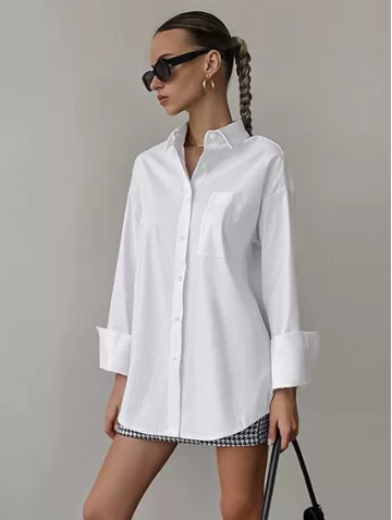 [WHOLESALE ONLY - CONTACT TO ORDER] Women's Oversized Boyfriend Crisp Poplin Button-Down Shirt with Chest Pocket & Wide Turn-Up Cuffs (Pure White) [AW-261]