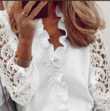 [WHOLESALE ONLY - CONTACT TO ORDER] Women's Bohemian Romantic Ruffle V-Neck Long Sleeve Blouse with Floral Crochet Lace Sleeves (Crisp Pure White) [AW-262]