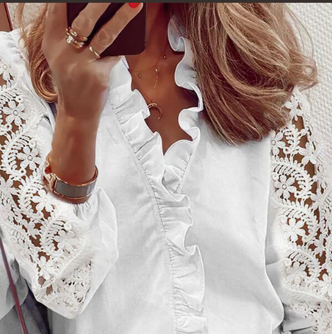 [WHOLESALE ONLY - CONTACT TO ORDER] Women's Bohemian Romantic Ruffle V-Neck Long Sleeve Blouse with Floral Crochet Lace Sleeves (Crisp Pure White) [AW-262]