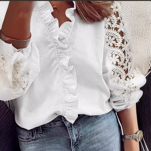 [WHOLESALE ONLY - CONTACT TO ORDER] Women's Bohemian Romantic Ruffle V-Neck Long Sleeve Blouse with Floral Crochet Lace Sleeves (Crisp Pure White) [AW-262]