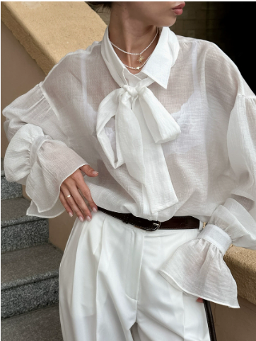 [WHOLESALE ONLY - CONTACT TO ORDER] Women's Parisian Chic Sheer Organza Tie-Neck Blouse with Flared Bell Cuffs & Drop-Shoulder Balloon Sleeves (Crisp Pure White) [AW-263]