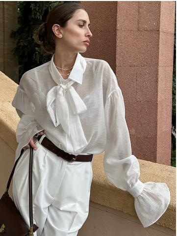 [WHOLESALE ONLY - CONTACT TO ORDER] Women's Parisian Chic Sheer Organza Tie-Neck Blouse with Flared Bell Cuffs & Drop-Shoulder Balloon Sleeves (Crisp Pure White) [AW-263]
