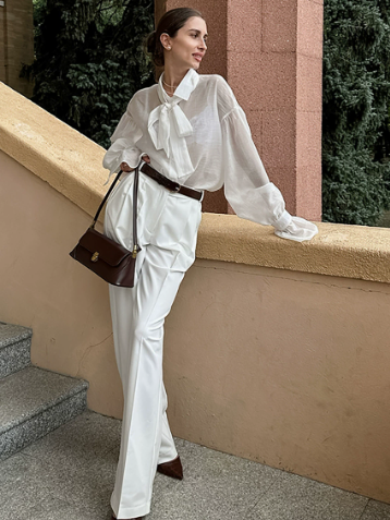 [WHOLESALE ONLY - CONTACT TO ORDER] Women's Parisian Chic Sheer Organza Tie-Neck Blouse with Flared Bell Cuffs & Drop-Shoulder Balloon Sleeves (Crisp Pure White) [AW-263]