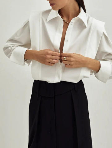 [WHOLESALE ONLY - CONTACT TO ORDER] Women's Power Dressing Architectural Shoulder Overlay Poplin Shirt with Deep Box Pleats & Extended Cuffs (Crisp Pure White) [AW-264]