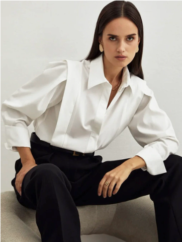 [WHOLESALE ONLY - CONTACT TO ORDER] Women's Power Dressing Architectural Shoulder Overlay Poplin Shirt with Deep Box Pleats & Extended Cuffs (Crisp Pure White) [AW-264]