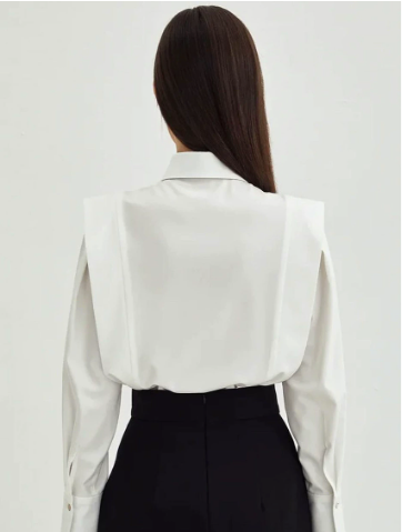 [WHOLESALE ONLY - CONTACT TO ORDER] Women's Power Dressing Architectural Shoulder Overlay Poplin Shirt with Deep Box Pleats & Extended Cuffs (Crisp Pure White) [AW-264]