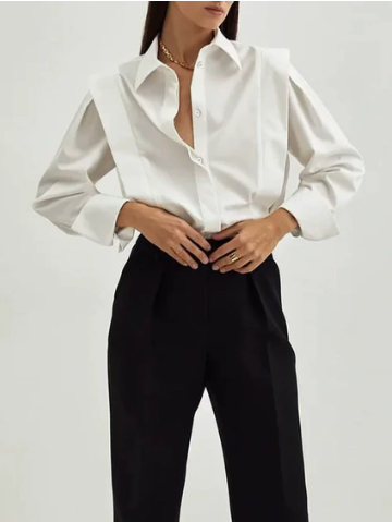 [WHOLESALE ONLY - CONTACT TO ORDER] Women's Power Dressing Architectural Shoulder Overlay Poplin Shirt with Deep Box Pleats & Extended Cuffs (Crisp Pure White) [AW-264]