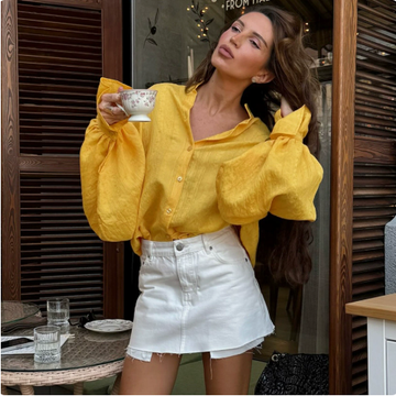 [WHOLESALE ONLY - CONTACT TO ORDER] Women's Bohemian Textured Dobby Stripe Mandarin Collar Blouse with Dramatic Lantern Balloon Sleeves (Sun Drenched Marigold Yellow) [AW-265]