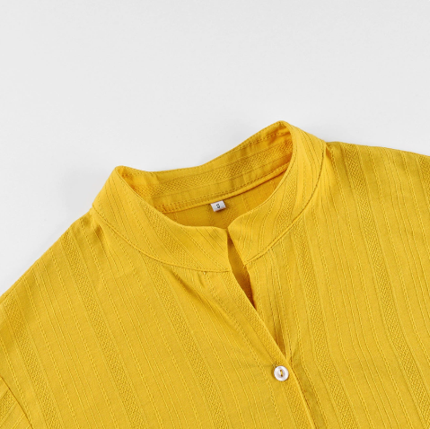 [WHOLESALE ONLY - CONTACT TO ORDER] Women's Bohemian Textured Dobby Stripe Mandarin Collar Blouse with Dramatic Lantern Balloon Sleeves (Sun Drenched Marigold Yellow) [AW-265]