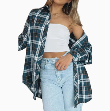 [WHOLESALE ONLY - CONTACT TO ORDER] Women's / Unisex 90s Grunge Oversized Brushed Flannel Plaid Button-Down Shacket Shirt (Teal Green Multi / Classic Black & White Plaid) [AW-266]