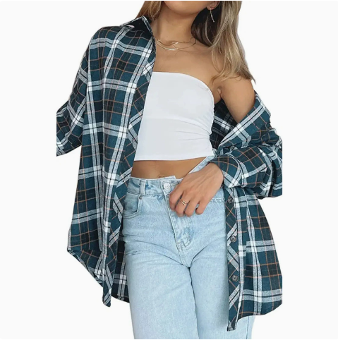 [WHOLESALE ONLY - CONTACT TO ORDER] Women's / Unisex 90s Grunge Oversized Brushed Flannel Plaid Button-Down Shacket Shirt (Teal Green Multi / Classic Black & White Plaid) [AW-266]