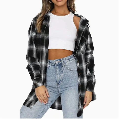 [WHOLESALE ONLY - CONTACT TO ORDER] Women's / Unisex 90s Grunge Oversized Brushed Flannel Plaid Button-Down Shacket Shirt (Teal Green Multi / Classic Black & White Plaid) [AW-266]