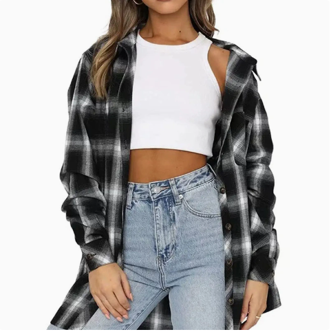 [WHOLESALE ONLY - CONTACT TO ORDER] Women's / Unisex 90s Grunge Oversized Brushed Flannel Plaid Button-Down Shacket Shirt (Teal Green Multi / Classic Black & White Plaid) [AW-266]