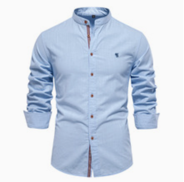 [WHOLESALE ONLY - CONTACT TO ORDER] Men's Casual Mandarin Grandad Collar Cotton-Linen Look Long Sleeve Button-Down Shirt with Contrast Placket Trim & Chest Embroidery (Pastel Sky Blue) [AW-267]
