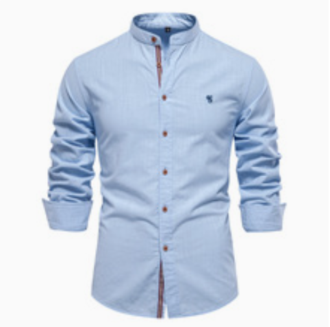 [WHOLESALE ONLY - CONTACT TO ORDER] Men's Casual Mandarin Grandad Collar Cotton-Linen Look Long Sleeve Button-Down Shirt with Contrast Placket Trim & Chest Embroidery (Pastel Sky Blue) [AW-267]